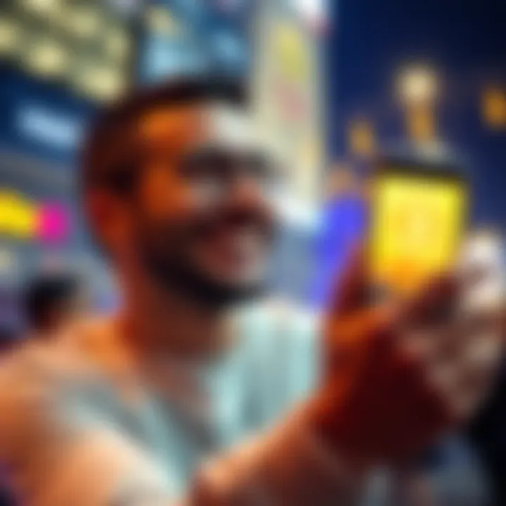 A person smiling and holding a smartphone displaying Bitcoin graphics, symbolizing a successful sale of cryptocurrency