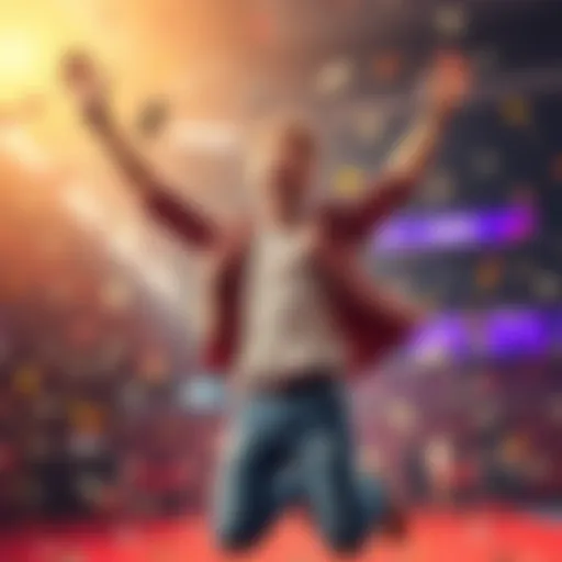A happy individual jumping in joy, holding a lottery ticket with confetti falling around them.