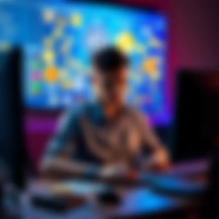 Person looking at a computer with coins on the screen An individual sits at a desk, visibly troubled, staring at a computer displaying various cryptocurrency coins, symbolizing the connection between coin launches and mental health issues.