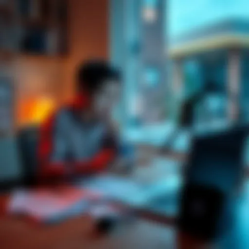 A person sitting at a desk looking worried while checking a mobile app for donations, with a laptop and financial papers around them.