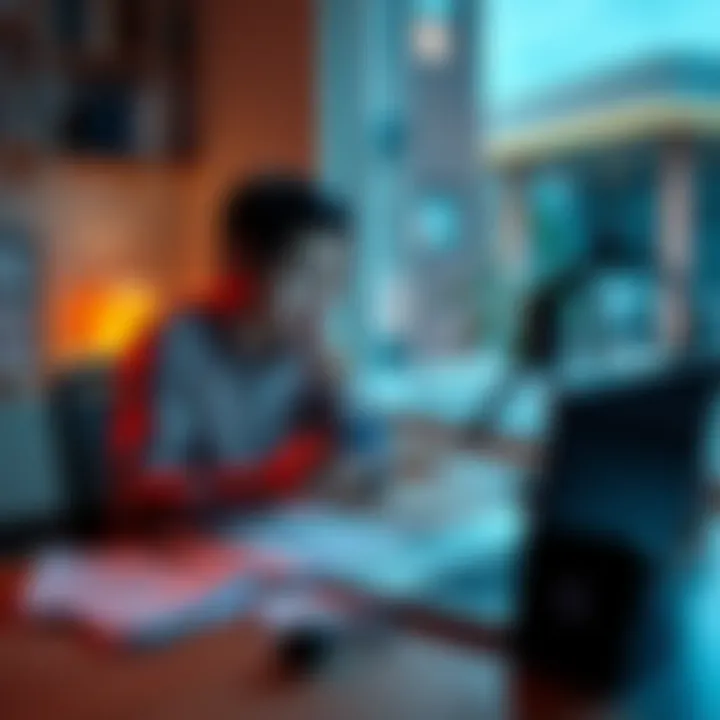 A person sitting at a desk looking worried while checking a mobile app for donations, with a laptop and financial papers around them.