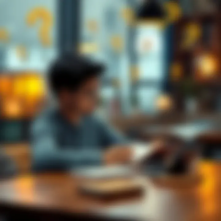Person contemplating choices A person sitting at a table with a notebook, thinking about important life decisions, surrounded by question marks and light bulbs representing ideas.