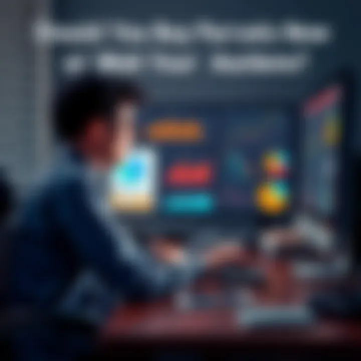 A person sitting at a desk, looking at graphs and charts on a computer screen, debating whether to buy parcels now or wait for auctions