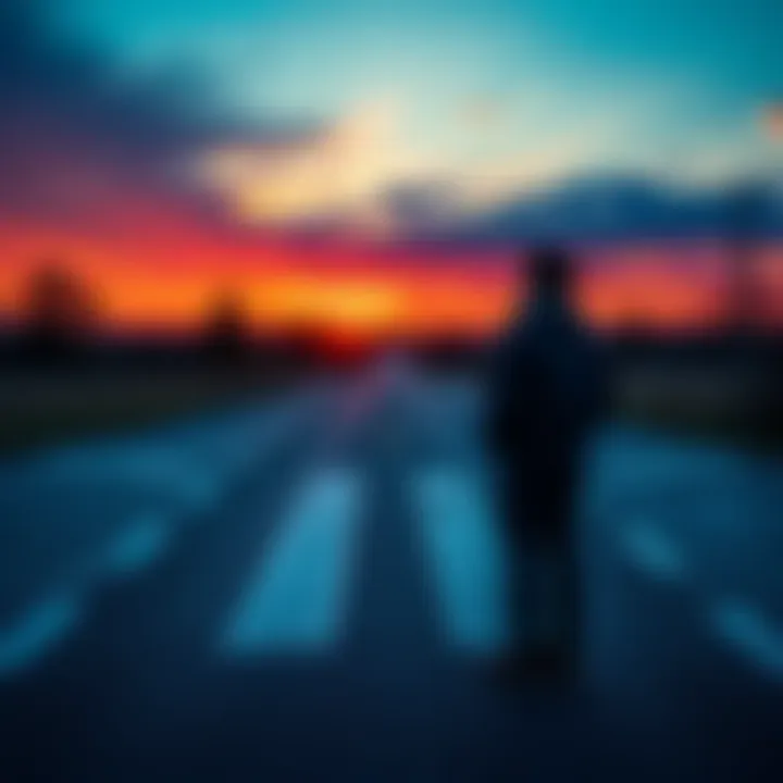 Person standing at a crossroads A person contemplating a decision at a crossroads, symbolizing the choice to move on or stay, with a sunset in the background.