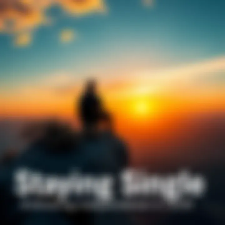 A single person sitting on a cliff, looking out at a sunset, representing independence and self-discovery in single life