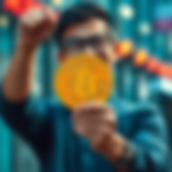 Individual celebrating ownership of Bitcoin with a smile and Bitcoin logo in hand