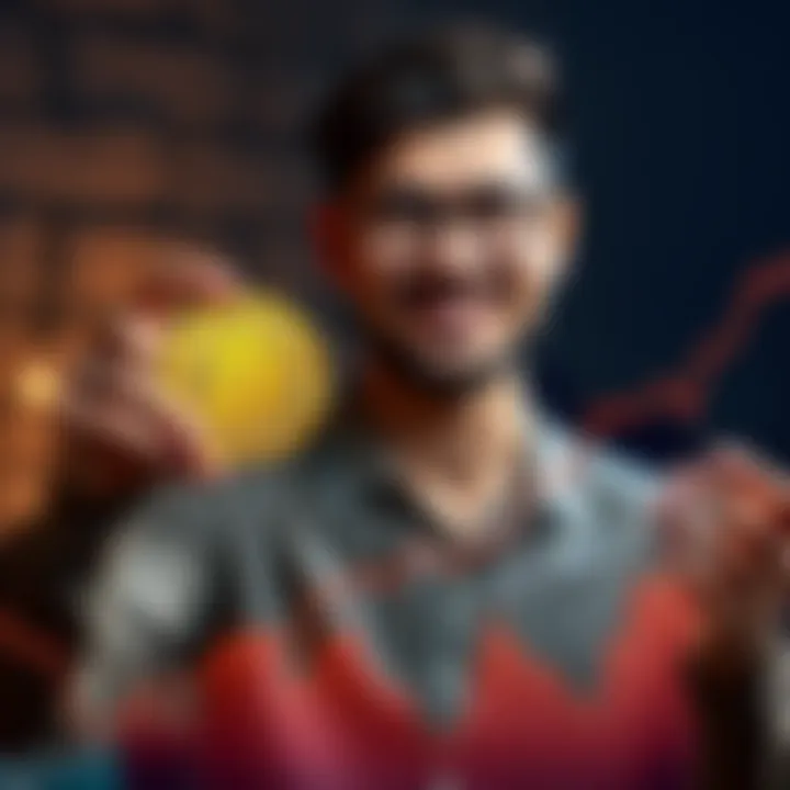 A person smiling while holding a Bitcoin symbol in one hand and a chart showing rising value in the other