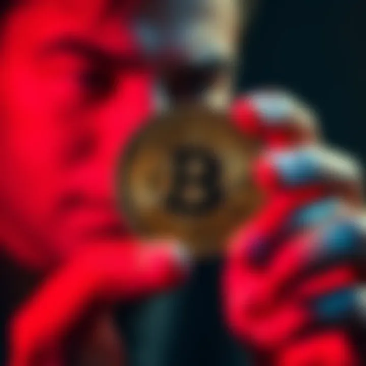 A person holds a shiny cryptocurrency coin, looking thoughtful about its future amid a declining market.