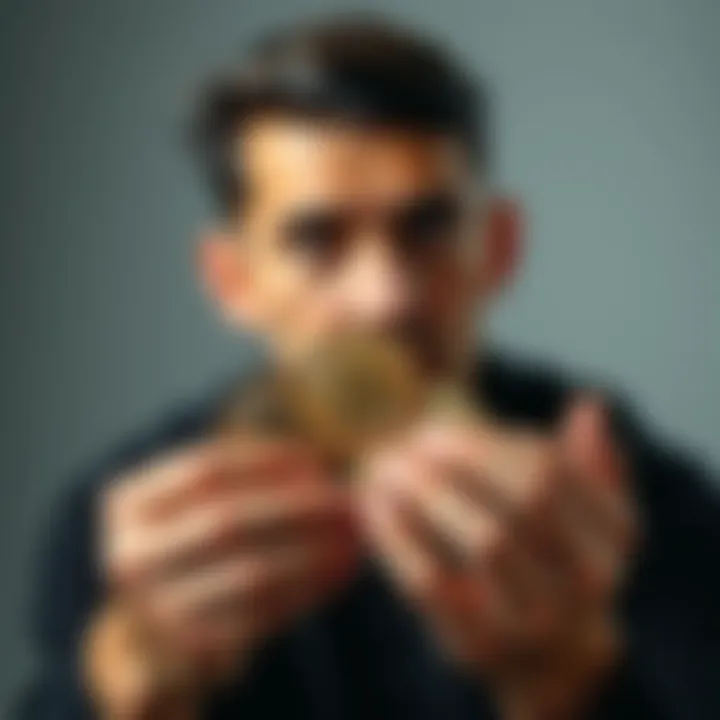 A person with a thoughtful expression holding shiny cryptocurrency coins, symbolizing financial resilience during market downturns.