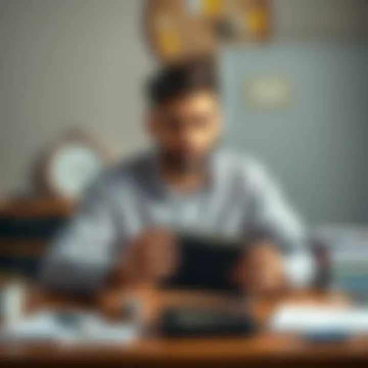 A person with a focused expression holds a hard wallet while sitting at a table with organization tools around them.