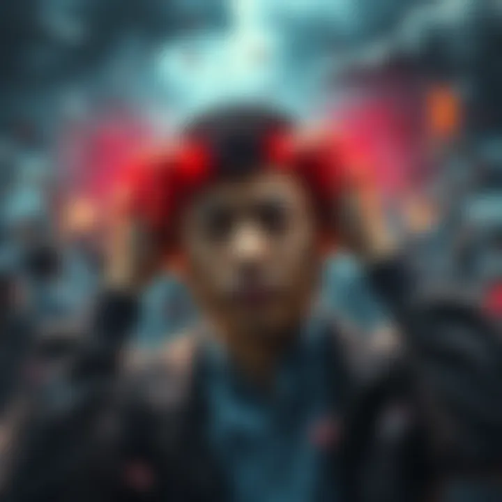 Individual with a concerned expression, holding their temples to signify discomfort, surrounded by chaotic scenes representing stress and turmoil.