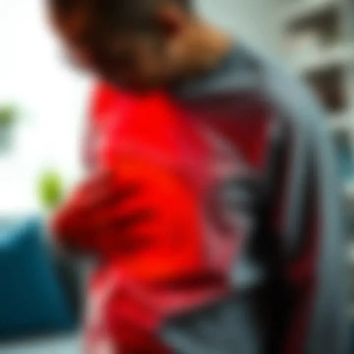 Person holding stomach in discomfort Individual looking uncomfortable while holding their stomach, showing signs of bloating and constipation after taking KPV