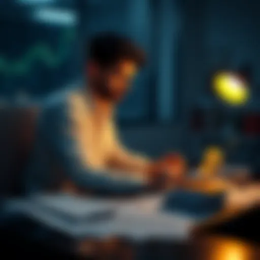 An individual looking at Bitcoin charts on a laptop while sitting at a desk filled with financial documents, symbolizing their investment journey.