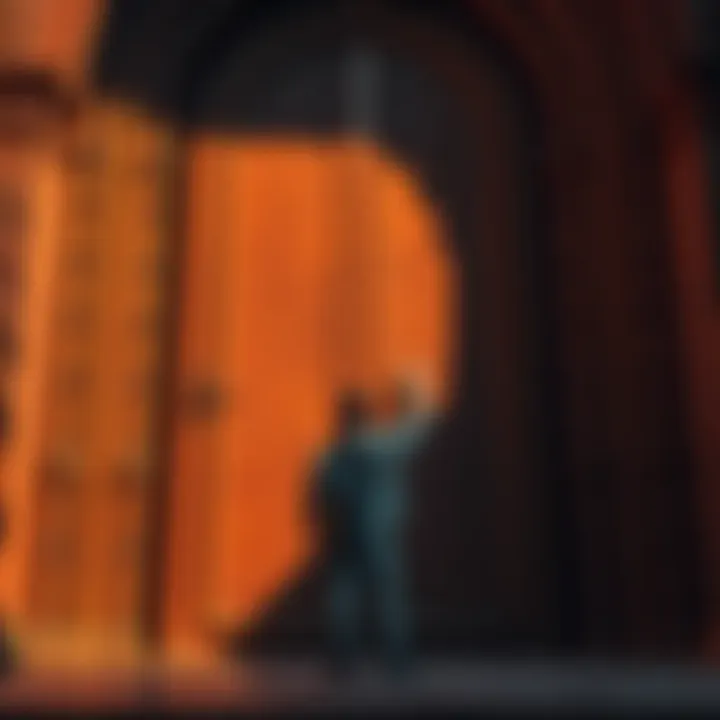 A person stands before a large, ancient wooden door, raising their hand to knock, symbolizing the concept of seeking entrance or change.