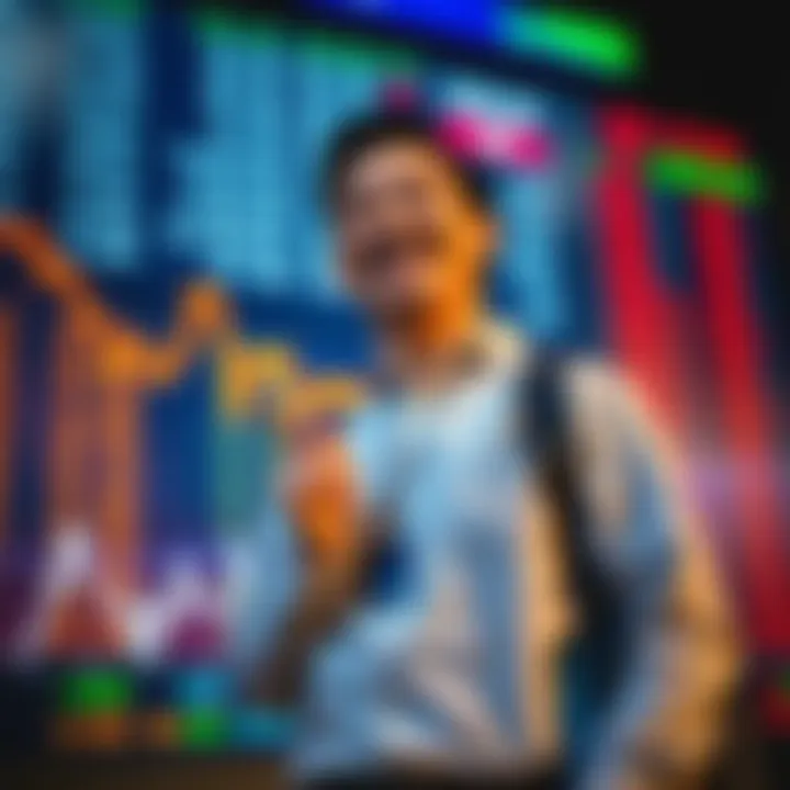 A person stands in front of a stock market screen, pointing at a downward trend with a big smile, illustrating the humorous side of market risks.