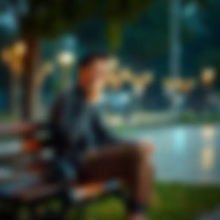 A person sitting on a park bench laughing while wiping away tears, illustrating the blend of joy and sadness in life.