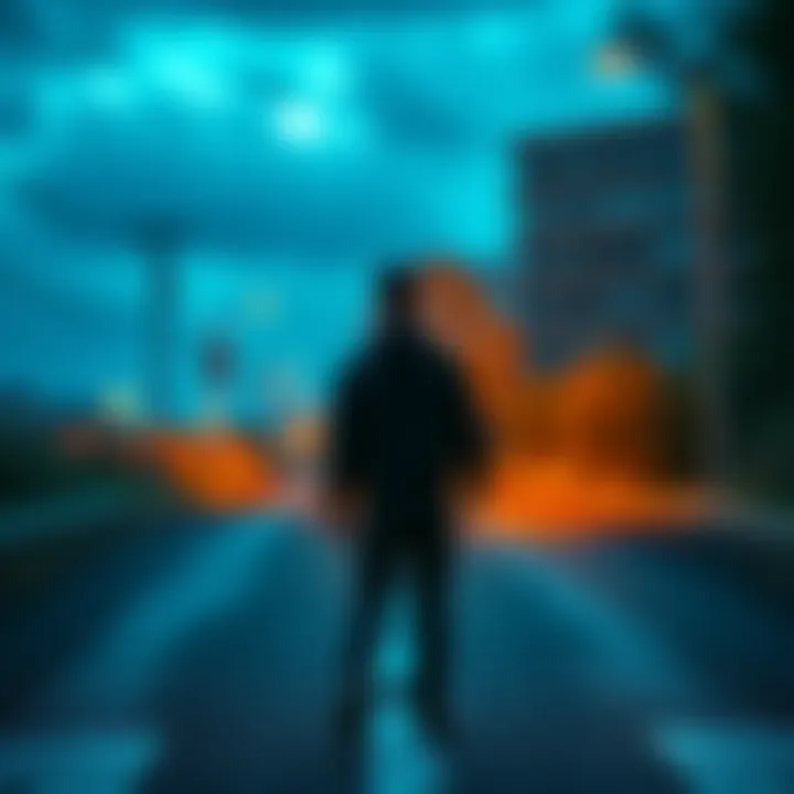 A person stands at a crossroad, glancing back at a familiar place, symbolizing departure and emotional reflection.