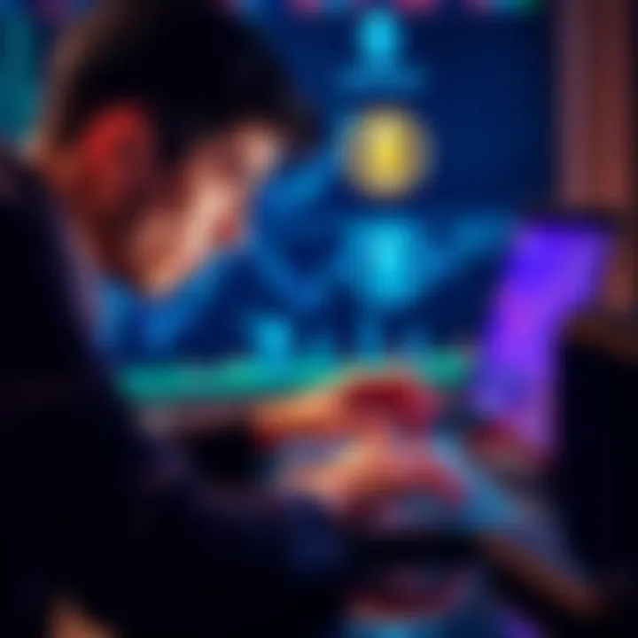 A person intensely examining cryptocurrency information on a laptop screen, with Ethereum logos in the background.