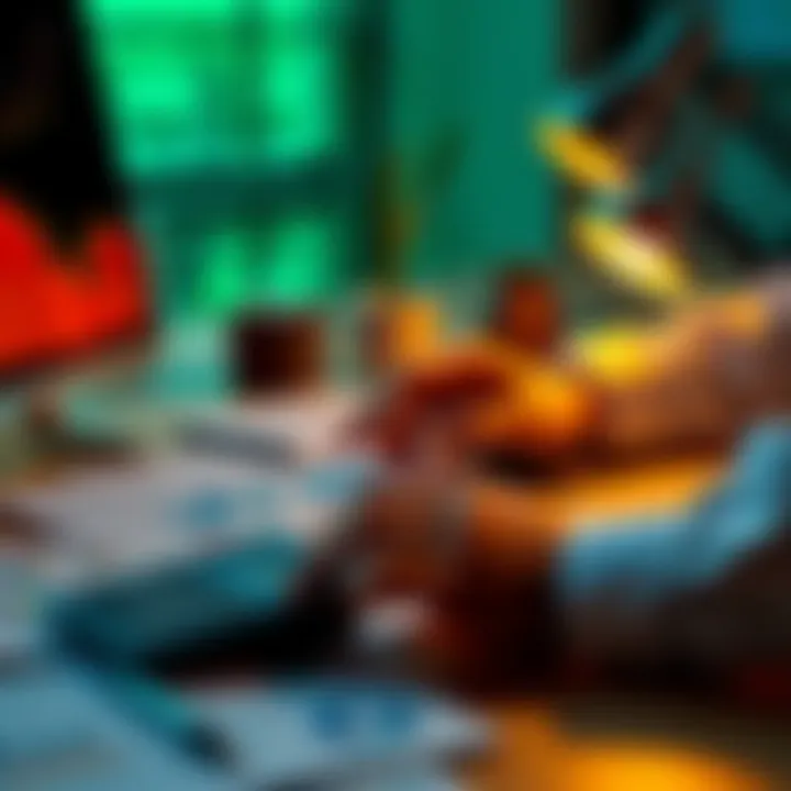 A person calculating savings and investment options on a desk with charts and a calculator