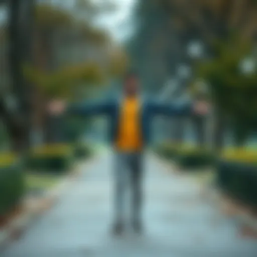 A person smiling with arms wide open on a park path, symbolizing new beginnings and opportunities in life.
