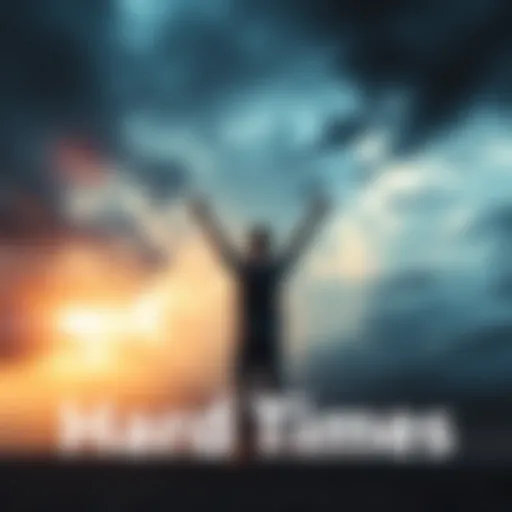 A person standing strong with arms raised, facing a stormy sky, symbolizing resilience and hope during tough times.