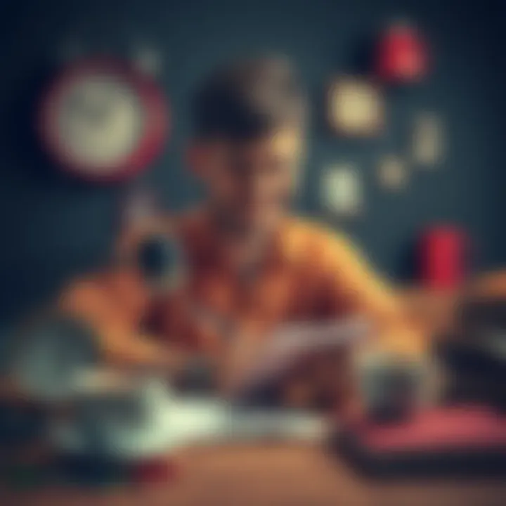 A person smiling while writing on a notepad, surrounded by various items symbolizing everyday challenges like a clock, coffee cup, and books.