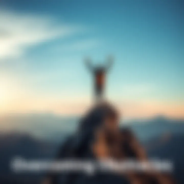 A person standing strong on a mountain peak, arms raised in victory, symbolizing resilience and strength after personal struggles.