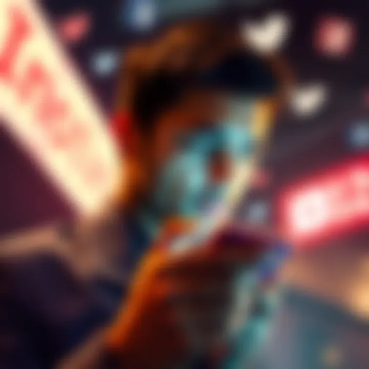 A person with a thoughtful expression looking at a smartphone, surrounded by social media icons representing discussions and buzz, symbolizing the search for authenticity in news.