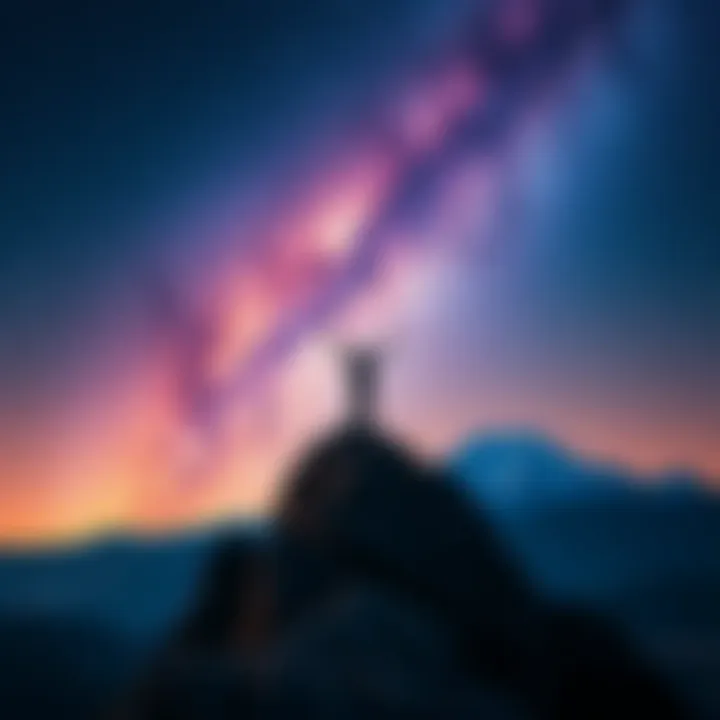 A determined individual stands on a mountain peak, looking up at a starry sky, symbolizing ambition and self-belief.