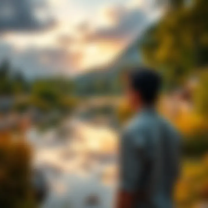 A person standing in a peaceful natural setting, looking contemplative and serene, symbolizing a journey of self-discovery and healing.