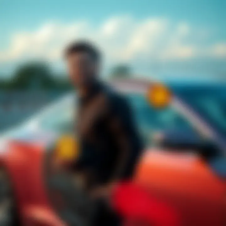 A person renting a car instead of buying An individual stands beside a rented car, looking satisfied while holding Bitcoin symbols, indicating a shift from luxury to investment focus