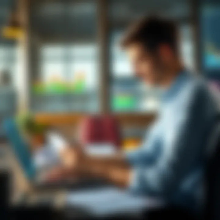 Person researching investment options A person sitting at a desk, looking at a laptop with financial graphs and charts on the screen, showing a focused expression while taking notes.