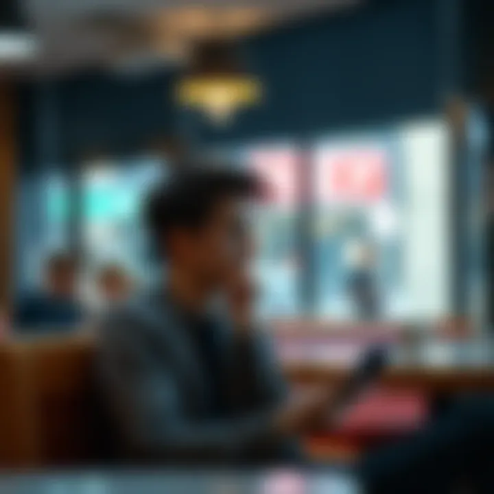 Individual looks thoughtful while sitting alone in a cafe, avoiding social media apps on their phone, reflecting on loneliness.