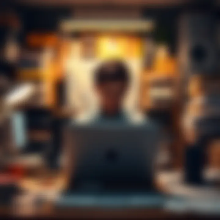 A person looks thoughtful while sitting in front of a laptop, surrounded by a cluttered workspace, symbolizing indecision in modern life.