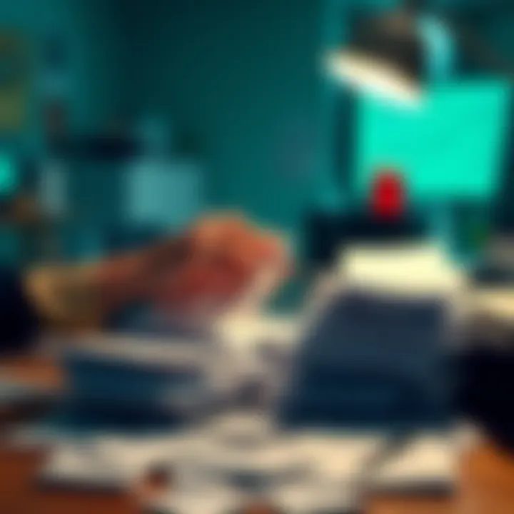 A person organizing a pile of financial papers and receipts on a desk, looking focused on tax preparation.