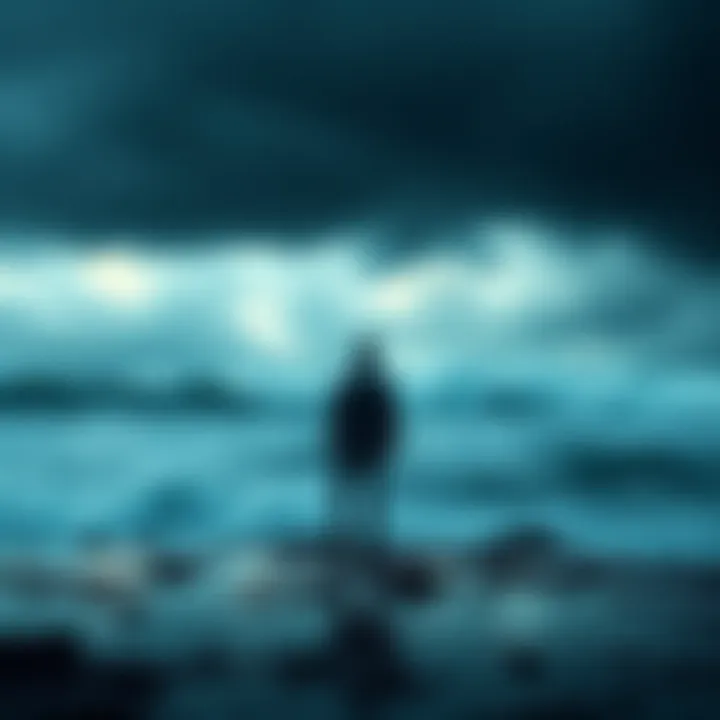 A person stands alone in a storm, representing struggle and resilience during tough times.