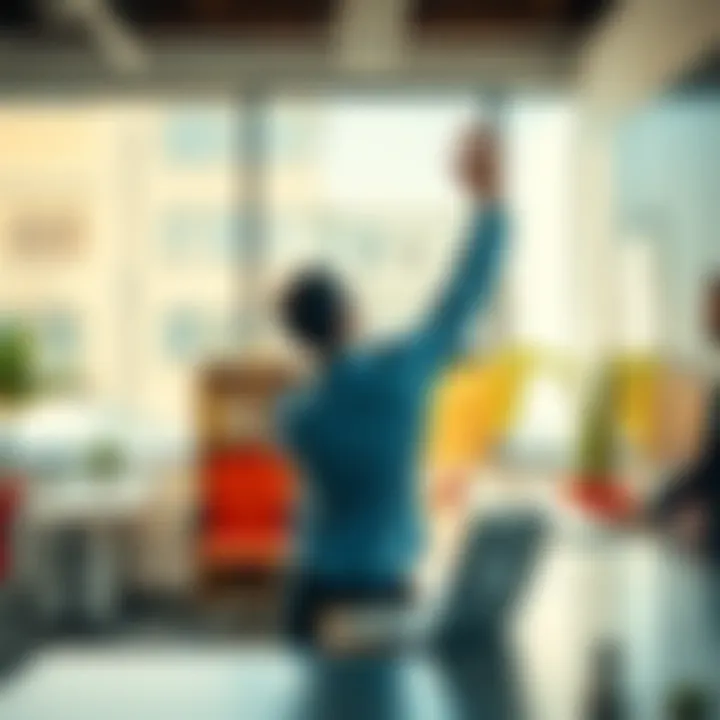 A person stretching at their desk in a bright office, looking energized and ready to work