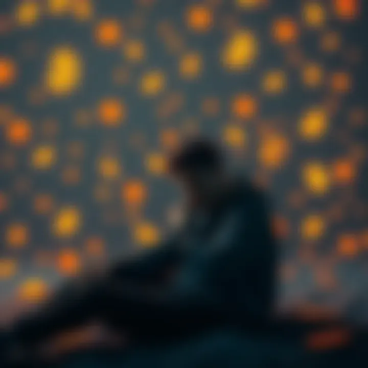 Person thinking about lost time A person sitting alone with a thoughtful expression, surrounded by digital currency symbols, reflecting on time lost in cryptocurrency investments.