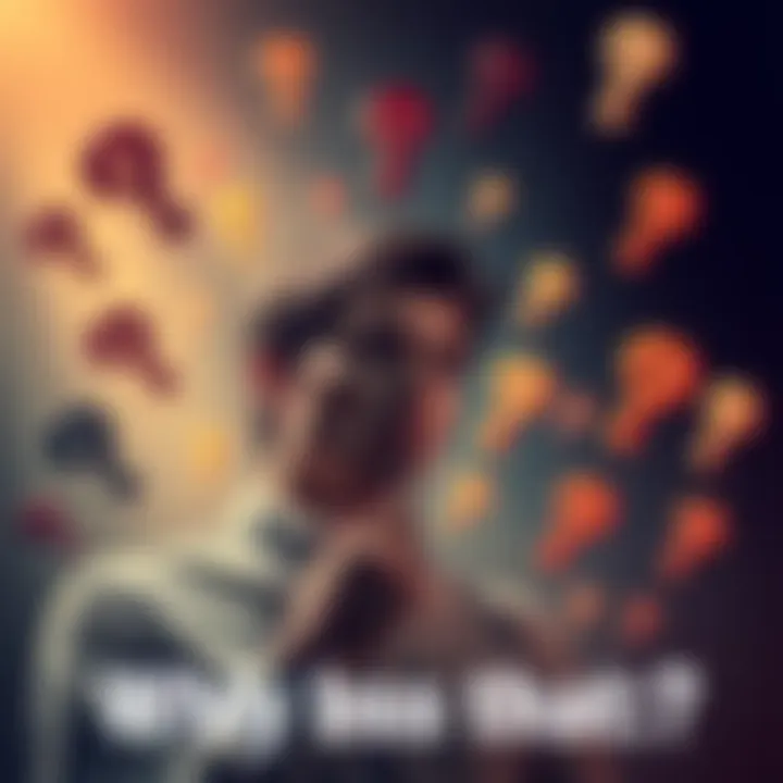 A person deep in thought surrounded by question marks symbolizing inquiries and curiosity.