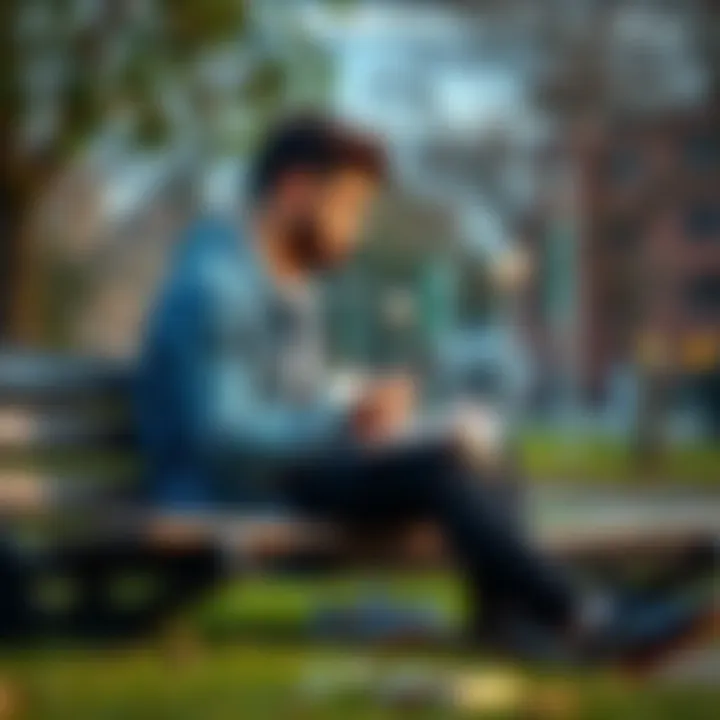 A person sitting on a park bench, looking thoughtful while holding a notebook and pen to evaluate their life choices.