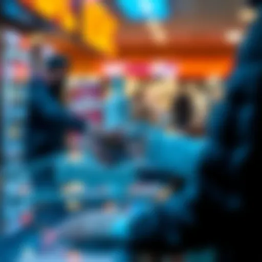 A person swiping a card with USDC logo at a checkout counter