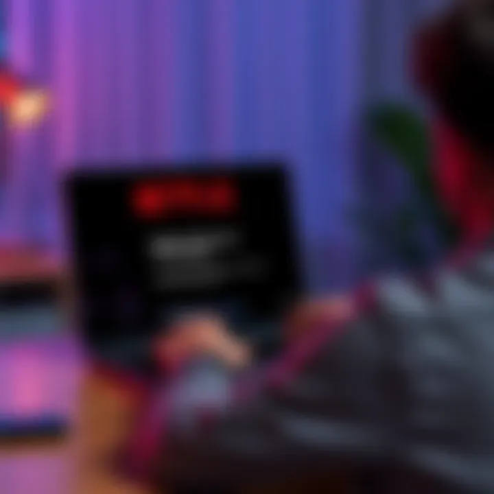 A person sitting at a desk, looking at a laptop with the Netflix logo displayed, showing frustration over a VPN warning