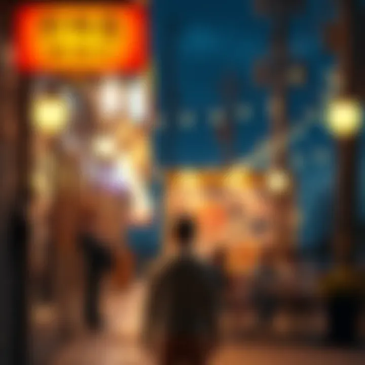 A person stands outside a restaurant, looking at their phone while waiting for a food order to be prepared.