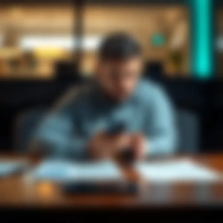 Individual sitting at a table with paperwork and a phone, seeking assistance with a deceased person's bank account