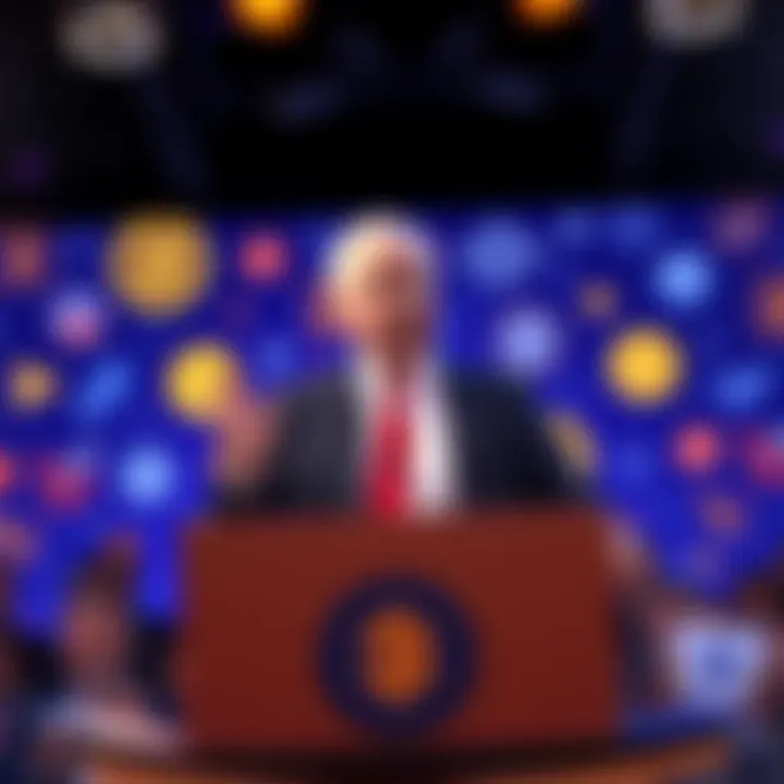 Peter Schiff stands at a podium, gesturing while addressing an audience, with a backdrop displaying symbols of cryptocurrency and finance.