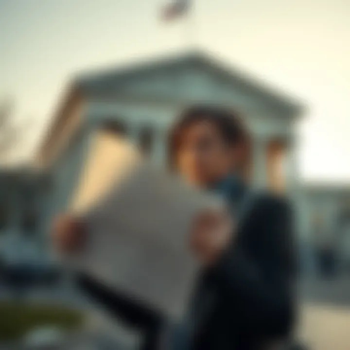 Petitioner Seeking Fairness in Claim Review A person holding a document looking frustrated in front of a courthouse, symbolizing the struggle for fair claim reviews.
