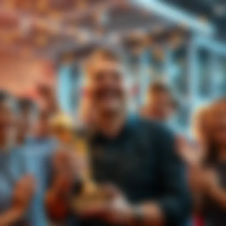 Phil Wojak smiling and holding an award, surrounded by friends cheering him on