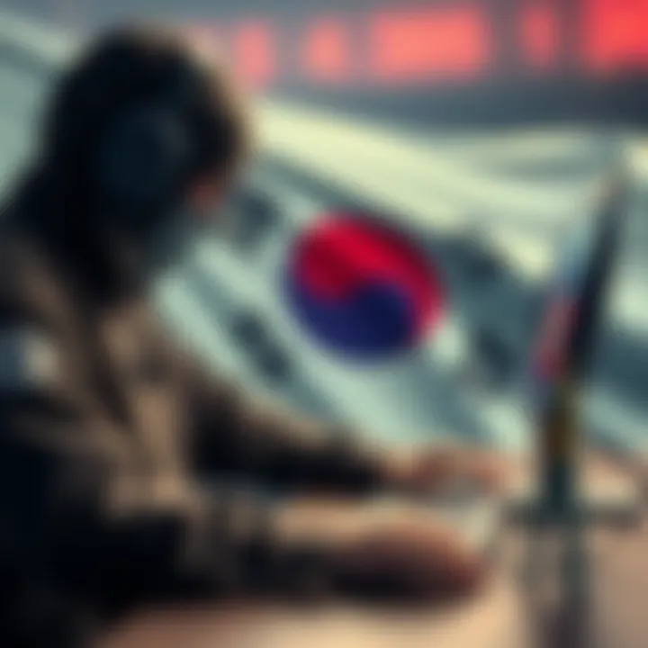 A graphic showing a hacker using a computer to steal Bitcoin, with a South Korean flag in the background to represent the government involvement.