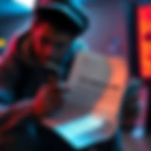 A person examining a suspicious letter that appears to be a phishing scam targeting Bitcoin holders, featuring fake security update details.