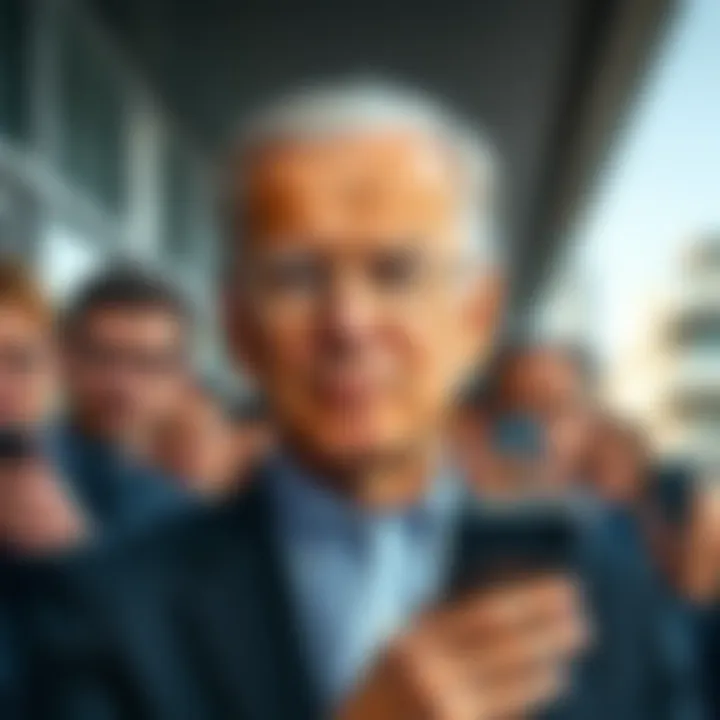 A man with gray hair, glasses, and a suit standing outside, raising an eyebrow in curiosity, surrounded by people looking at a phone.